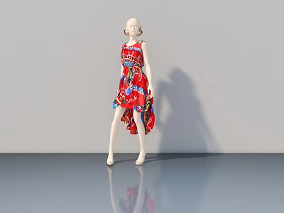 Hinged Door Display With Red Dress Mannequin In Grey Background Setting 3d model