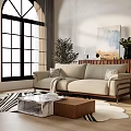 Modern Living Room Interior Design With Arch Windows Beige Sofa And Wooden Coffee Table