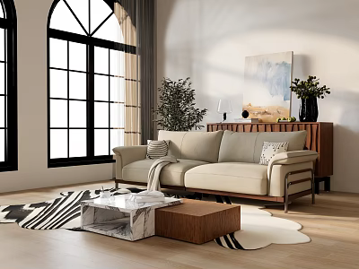 Modern Living Room Interior Design With Arch Windows Beige Sofa And Wooden Coffee Table 3d model