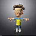 Cartoon Boy Character 3D Model Brown Hair Yellow Shirt Blue Pants White Shoes Arms Outstretched