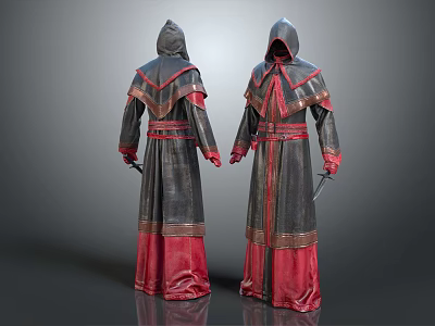 Hooded Gray Red Long Robes With Belt And Red Trim Design 3d model