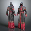 Hooded Gray Red Long Robes With Belt And Red Trim Design
