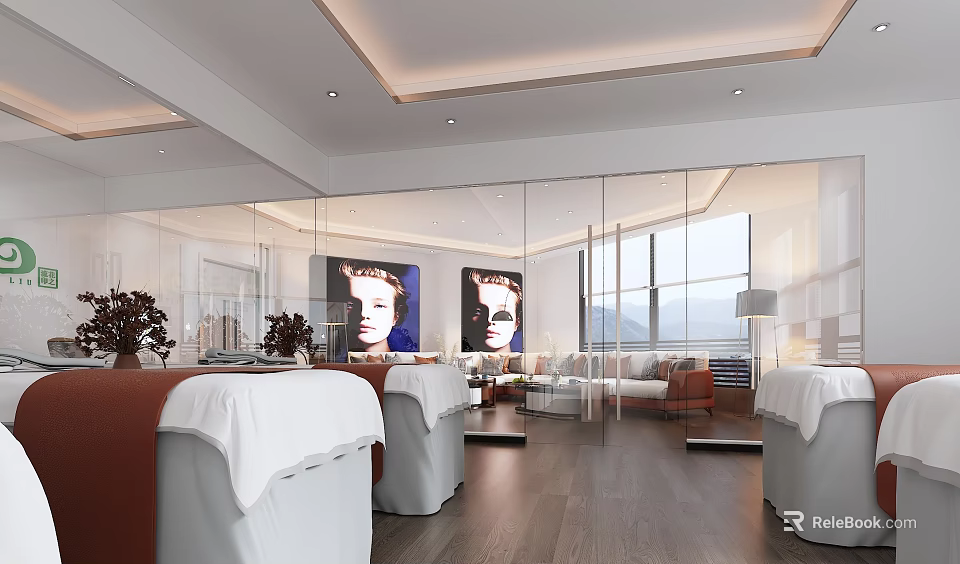 Luxurious SPA Sauna Interior With Treatment Beds Relaxation Area And Mountain View 3d model 