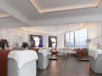 Luxurious SPA Sauna Interior With Treatment Beds Relaxation Area And Mountain View 3d model