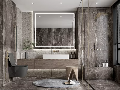 Modern Bathroom With Marble Walls Lighted Mirror Wooden Vanity And Glass Shower 3d model