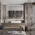 Modern Bathroom With Marble Walls Lighted Mirror Wooden Vanity And Glass Shower