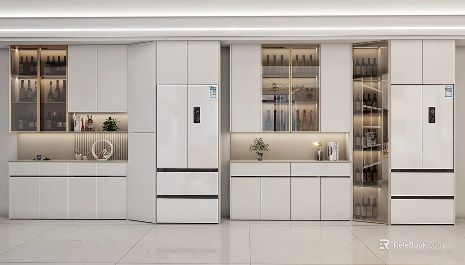Modern Kitchen Wine Cabinet With White Cabinets Open Design And Wine Bottles Decorations 3d model 