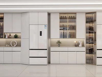 Modern Kitchen Wine Cabinet With White Cabinets Open Design And Wine Bottles Decorations 3d model
