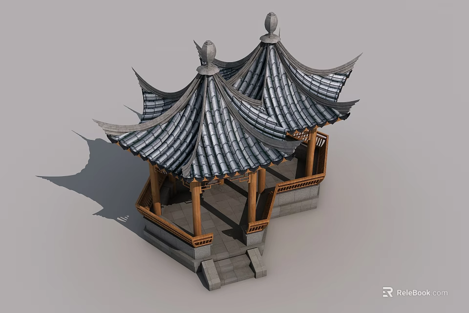 Traditional Chinese Pavilion With Wooden Swing Door And Tile Roof Structure 3d model 