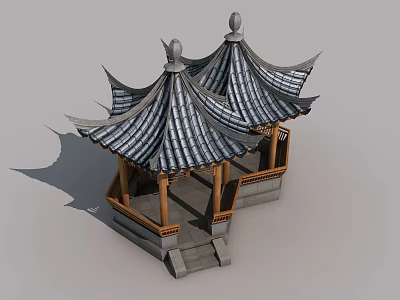 Traditional Chinese Pavilion With Wooden Swing Door And Tile Roof Structure 3d model