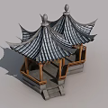 Traditional Chinese Pavilion With Wooden Swing Door And Tile Roof Structure