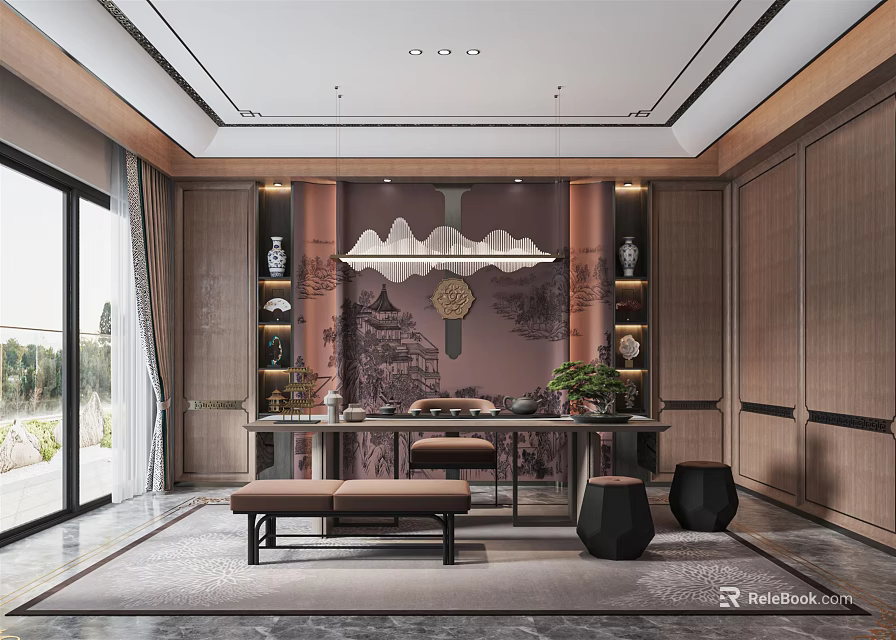 Traditional Tea Room Interior With Mountain Painting Chandelier Tea Table And Wooden Decor 3d model 