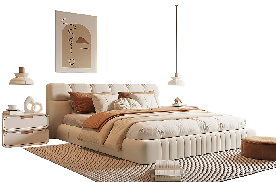 Modern Double Bed With Soft Upholstered Headboard Bedside Table Rug Wall Art And Pendant Lights 3d model 