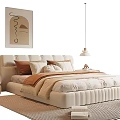 Modern Double Bed With Soft Upholstered Headboard Bedside Table Rug Wall Art And Pendant Lights