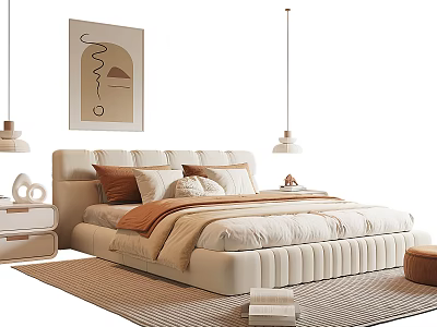 Modern Double Bed With Soft Upholstered Headboard Bedside Table Rug Wall Art And Pendant Lights 3d model