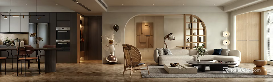 Elegant Modern Living Dining Room Interior With Rattan Chair Sofa And Decorative Sculpture 3d model 