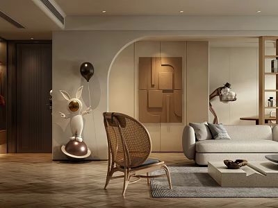 Elegant Modern Living Dining Room Interior With Rattan Chair Sofa And Decorative Sculpture 3d model