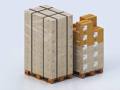 Large Shrink Wrapped Cartons Strapped With Black Bands On Pallets And Stacked Various Sizes 3d model