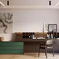 Modern Green Chest of Drawers in Stylish Room with Wooden Desk Chair and Wall Art