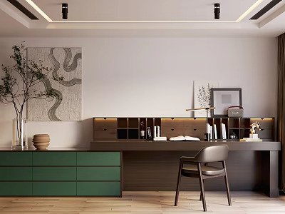 Modern Green Chest of Drawers in Stylish Room with Wooden Desk Chair and Wall Art 3d model
