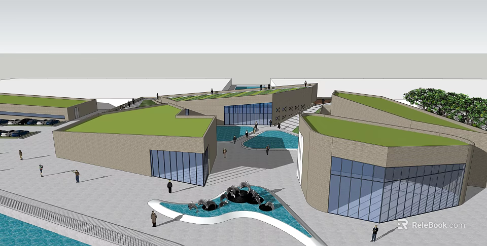 Modern Architectural Design Featuring Green Roofs Glass Walls Water Fountain And Open Space 3d model 