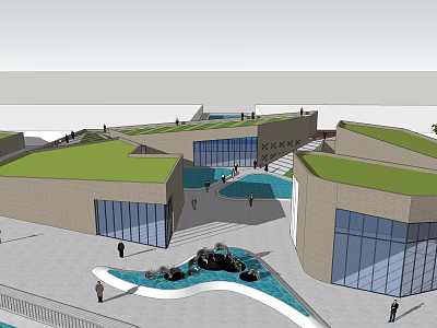 Modern Architectural Design Featuring Green Roofs Glass Walls Water Fountain And Open Space 3d model