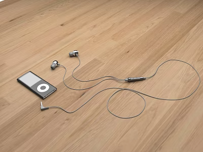 Black Portable Digital Music Player With Wired Headphones Lying On Wooden Floor 3d model
