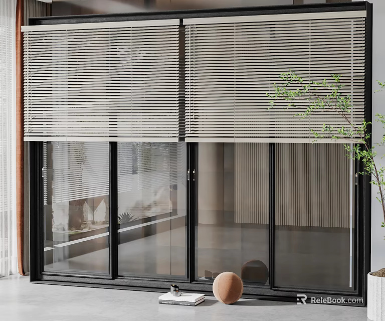 Modern Blinds on Sliding Glass Doors for Bright Interior With Natural Light And Green Plant 3d model 