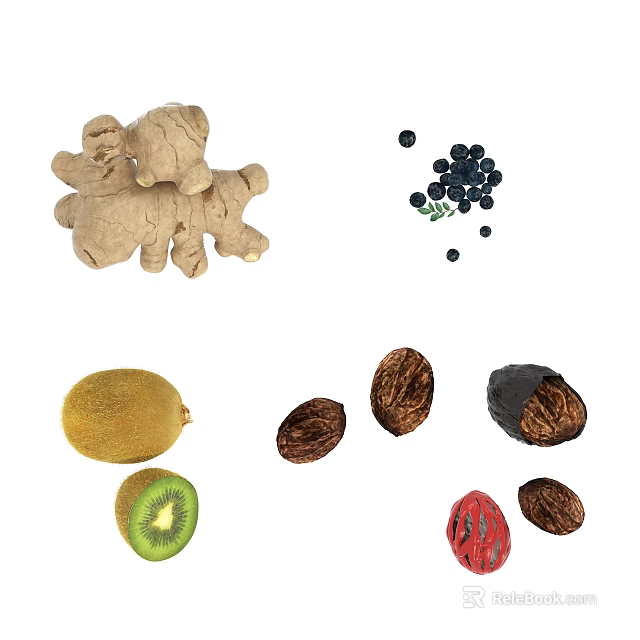 Fresh Kiwi And Blueberries With Sliced Kiwi Fruits On White Background 3d model 