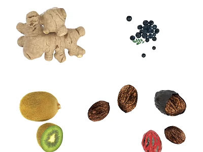 Fresh Kiwi And Blueberries With Sliced Kiwi Fruits On White Background 3d model