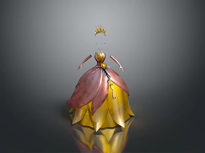 Man Wearing Crown Red Top Yellow Skirt Reflective 3D Model Gray Background 3d model
