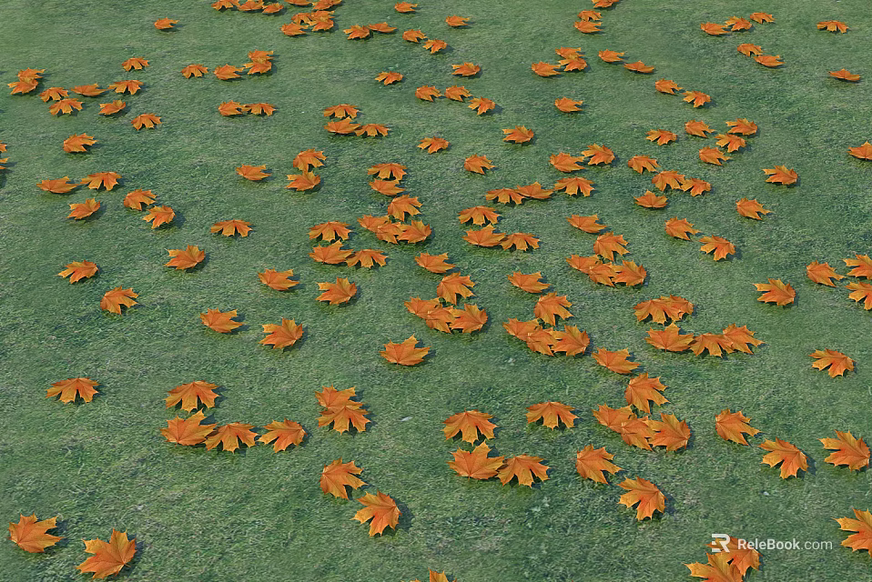 Garden Decorative Scene with Green Grass and Scattered Orange Maple Leaves 3d model 