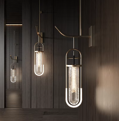 Modern Wall Sconces with Brass Frame and Glass Shade on Dark Wooden Interior Wall 3d model