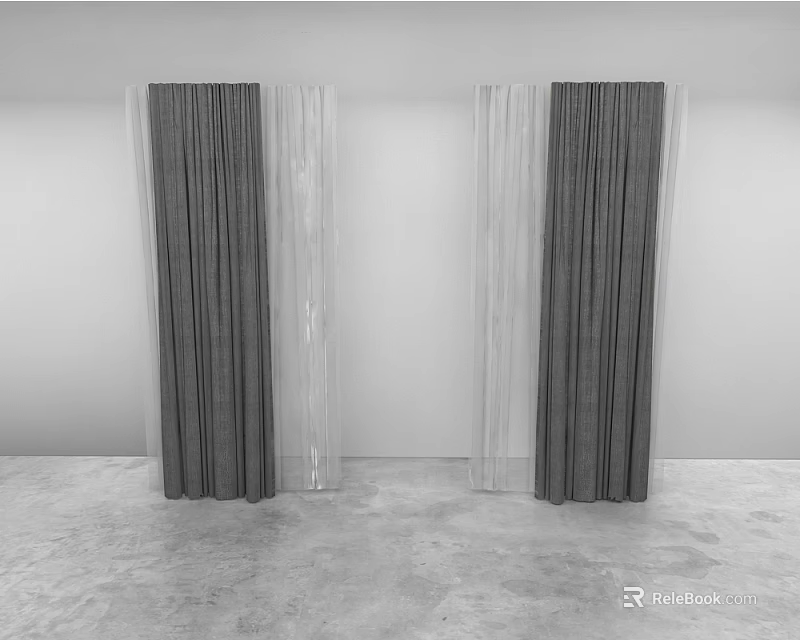Modern Gray and White Curtains Hanging in Minimalist Interior with Soft Fabric 3d model 