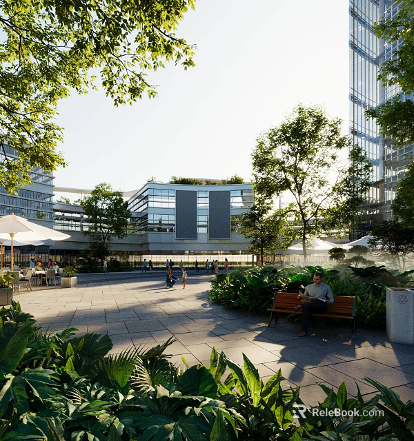 Modern Commercial Street With Pedestrians Green Trees And Outdoor Seating Areas 3d model 