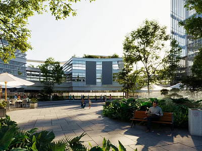 Modern Commercial Street With Pedestrians Green Trees And Outdoor Seating Areas 3d model