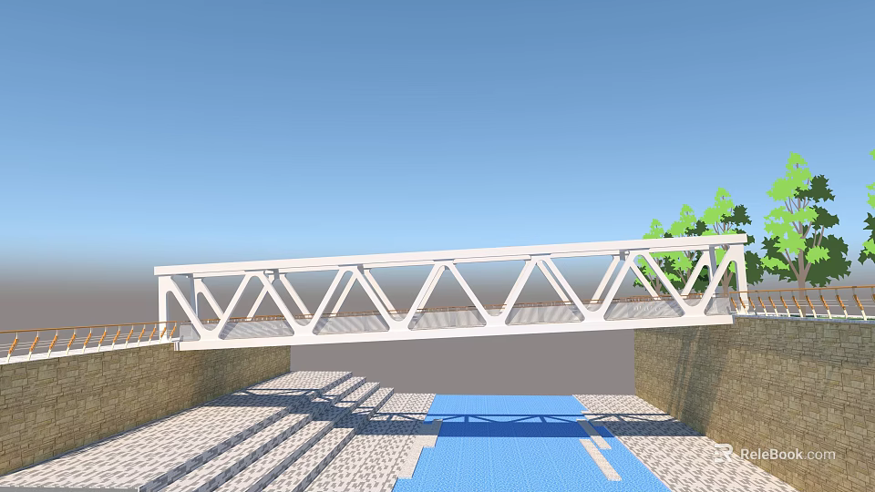 White Truss Bridge Over Blue Water With Green Trees And Stone Walls 3d model 
