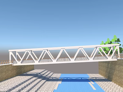 White Truss Bridge Over Blue Water With Green Trees And Stone Walls 3d model