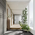 Modern Bright Office Walkway With Lush Green Plants Concrete Pillar And Panoramic City View Windows