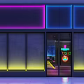 Stylish Bar Lounge With Neon Lighting Stage Performer Geometric Flower Decor And Candlelit Tables