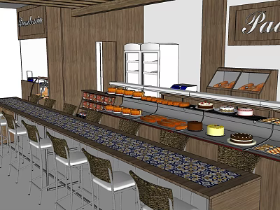 Dessert Shop Interior Design With Wooden Decor Display Cases Pastries And Bar Stools 3d model