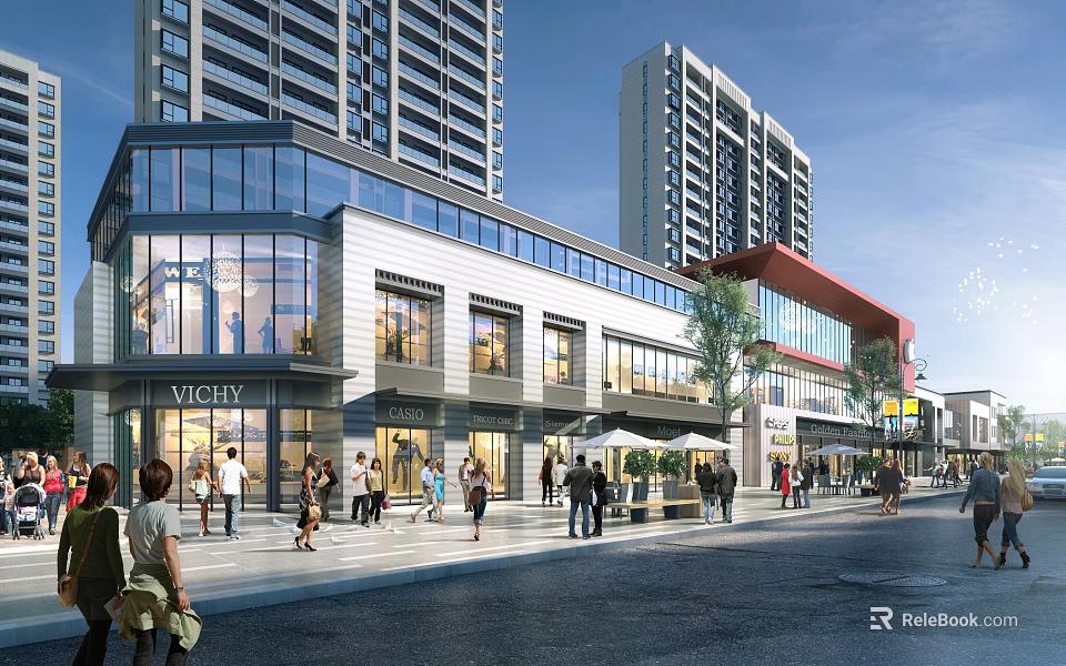 Modern Commercial Street with High Rise Buildings Glass Curtain Walls Pedestrians and Shops 3d model 