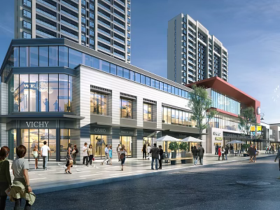 Modern Commercial Street with High Rise Buildings Glass Curtain Walls Pedestrians and Shops 3d model