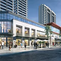Modern Commercial Street with High Rise Buildings Glass Curtain Walls Pedestrians and Shops