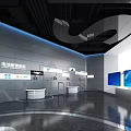 Modern Tech Inspired Exhibition Hall With Digital Screens Circular Floor And Black Geometric Ceiling