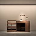 LIN-YI Clothing Store Reception Area With Wooden Desk Vase Light Wall And Gray Floor
