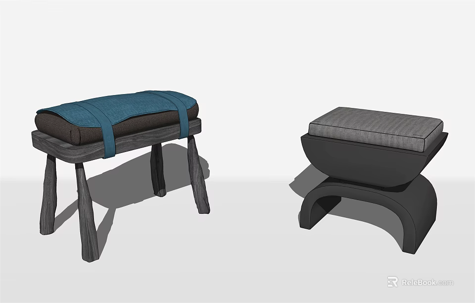Modern Sofa Stools With Wooden Legs Blue Gray Upholstered Cushions Design 3d model 