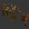 Rustic Wooden Dining Table Set with Round Table Handmade Chairs and Tools Items on Top 3d model