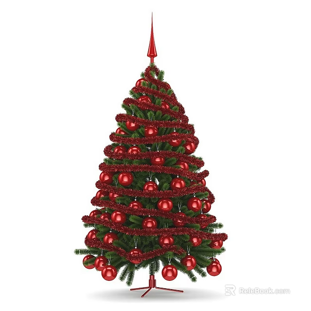 Decorated Christmas Tree With Red Balls Spiral Garlands And Red Star On Top 3d model 