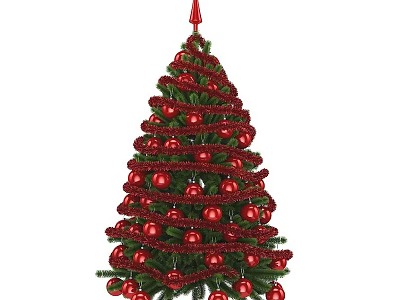 Decorated Christmas Tree With Red Balls Spiral Garlands And Red Star On Top 3d model